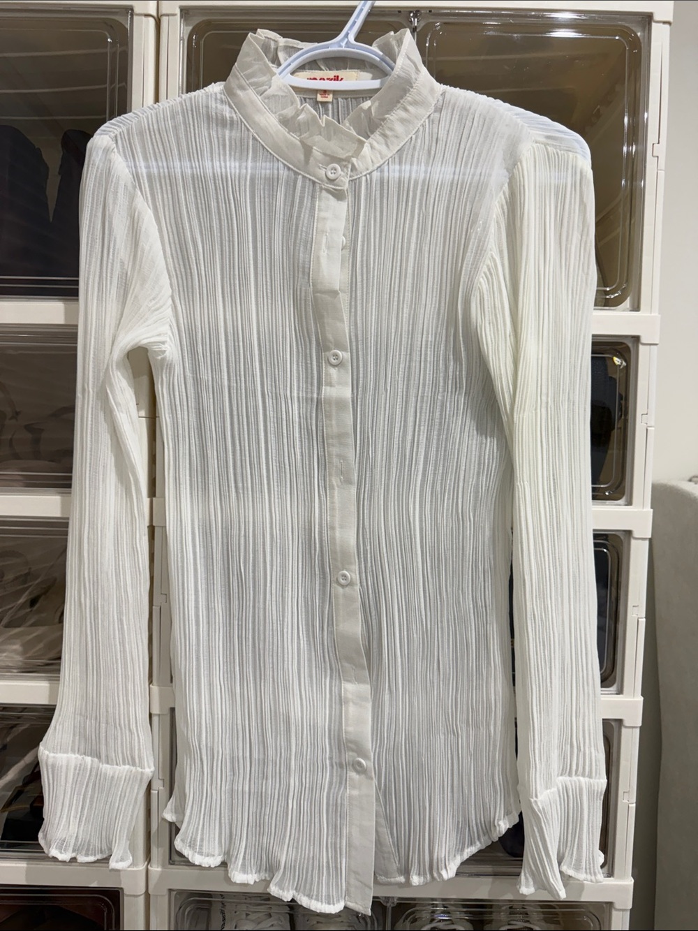 Mazik White Ruffled Stand-Collar Button-Down Blouse